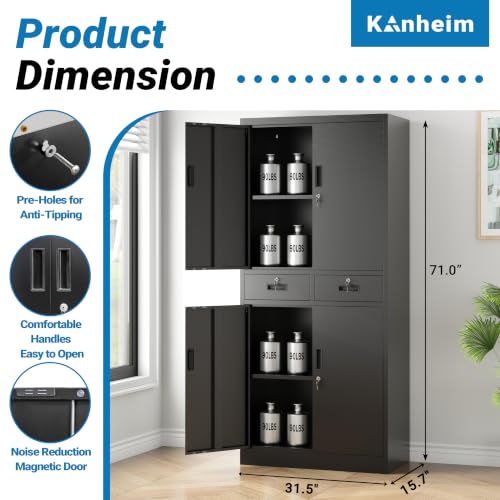 Image of Metal Storage Cabinet with Lock Door, Adjustable Shelves, 2 Drawers
