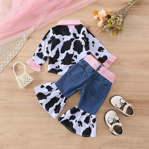 Emmababy Cowgirl Outfit Toddler Girl Button Shirt Long Sleeve Cow Print Top Bell Bottom Jeans Denim Set Western Baby Clothes3