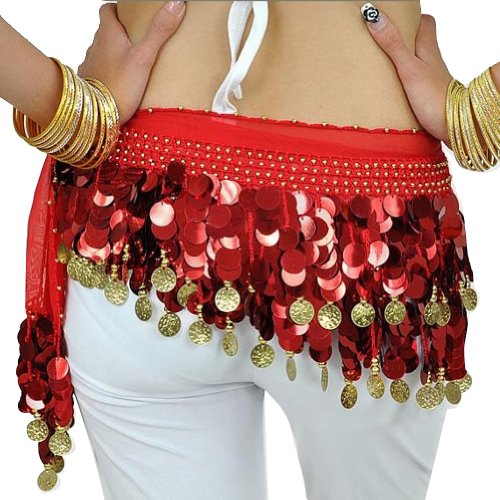 Turkish Emporium Professionelle Multi-Row Pailletten Bauchtanz Gürtel Mit Goldfarbe Münze Und Perlen rot