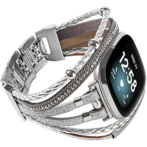 Posh Leather Bands Compatible with Fitbit Versa 3/Fitbit Sense, Women Boho Stylish Multilayer Wrap Bracelets Wristband, Handmade Adjustable Jewelry Strap for Sense/Versa 3 Smart Watch, Leather, agate Cover