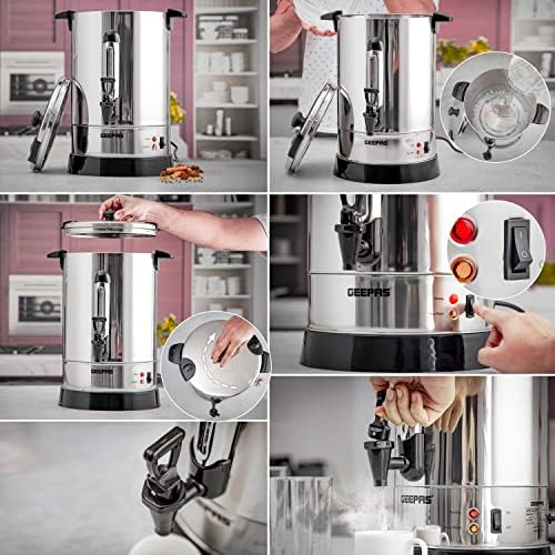 Geepas Electric Catering Urn, 1650W Instant Hot Water Boiler Dispenser - Tea Urn Kettle Home Brewing Commercial or Office Use with Keep Warm- Easy Pour Tap, 20 Litre, Stainless Steel  2 Year Warranty
