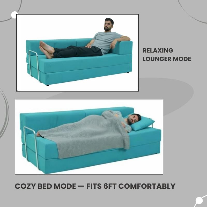 Image of Adorn India Easy Premium Modular 4 Seater Sofa Cum Bed | Velvet Suede Fabric | Colour Aqua Blue | Modern Design | Size 6x6 Fit | Comfortable for Seat & Sleep | Washable Cover | Perfect for Home