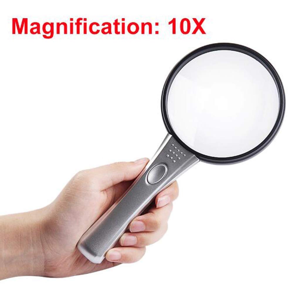 Lupa de Mano con luz LED, Lente acrílica 3X 6X, Ayuda de Lectura portátil e iluminada, Ideal para Leer Libros, periódicos, observar Insectos y Otras aficiones (Plateada).