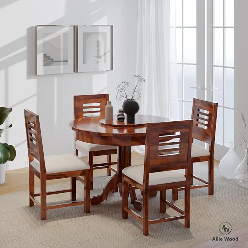 Image of Solid Sheesham Wood Round Dining Table Set 4 Seater | Four Seater Dining Table 4 Seater with 4 Modern Chairs for Living Room | 4 Seater Dining Set for Hotel Restaurant (Honey, 4 Seater)