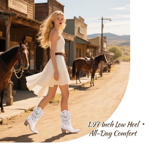 Cowboy Boots for Women Metallic Mid Calf Booties with Stars Western Cowgirl Fashion Embroidery Short Boots with Chunky Low Heel Party Shoes Cocert Outfits3