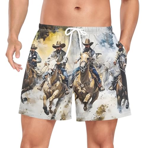 Mens Swim Trunks with Liner, Cowboys Westen Run Cool Quick Dry Beach Swim Shorts, Swimwear Bathing Suits S