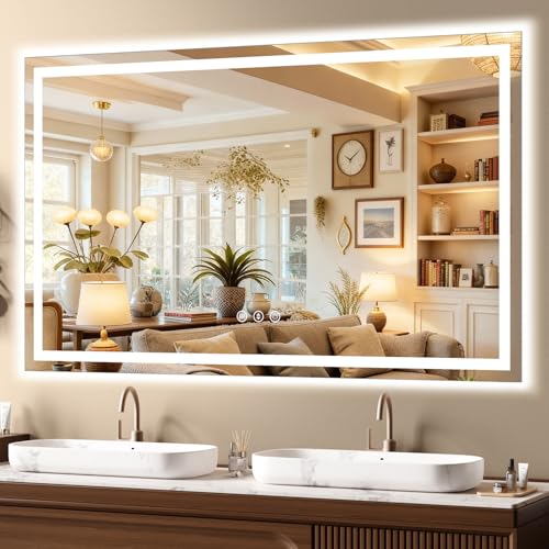 Image of 60x36 LED Bathroom Mirror with Lights - Dimmable, Anti-Fog, 3 Color Backlit & Front Lit Mirror for Bathroom, Shatter-Proof Tempered Glass, Easy Installation