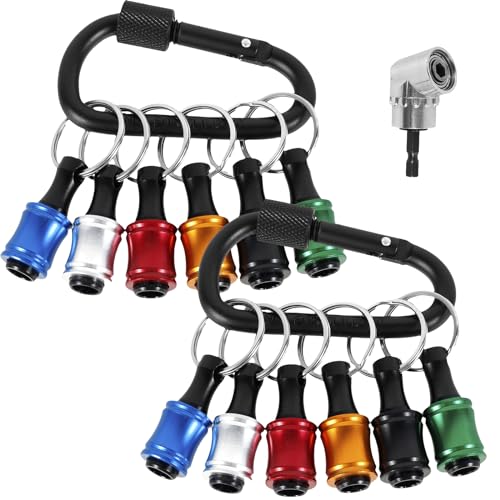 12Pcs Bit Holder Keychain 1/4 inch Hex Shank Aluminum Alloy Screwdriver Bits Holder Drill Bit Holder Keychain with 105° Right Angle Drill Attachment Carabiner Bit Holder Gifts for Men (12Pcs)