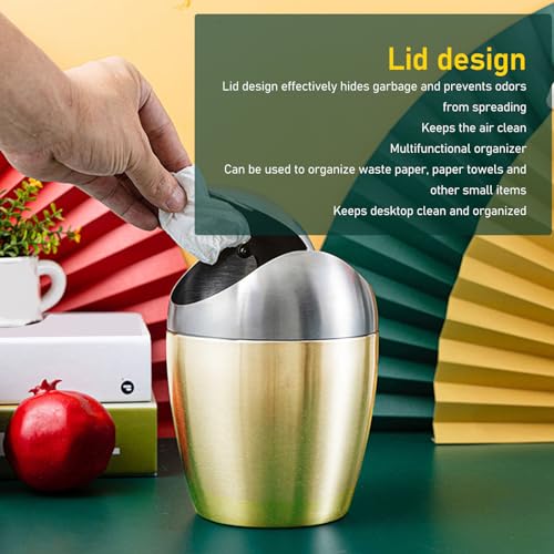 Image of Loboo Idea Desktop Mini Trash Can with Lid, 304 Stainless Steel Mini Trash Can 1.5 L / 0.40 Gal for Tabletop, Multipurpose Desk Trash Can Waste Basket