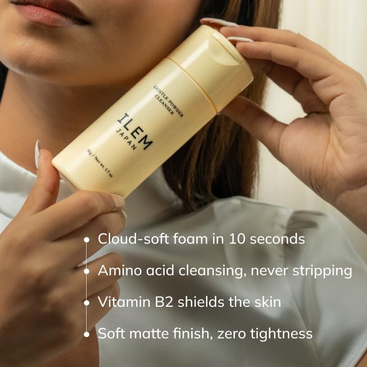 Image of ILEM JAPAN Gentle Powder Cleanser with Yuzu Extract, Rice Bran & Natural Ceramides for Rough, Dull & Uneven Skin, Vitamin B2 & E for Nourishment & Skin Barrier Support, Daily Foaming Face Wash for Men & Women, Gentle on Sensitive Skin 50g