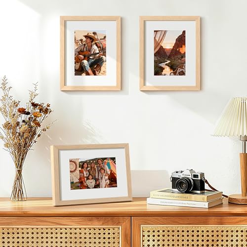 Image of upsimples 8x10 Picture Frame Solid Wooden, Nursery Wall Frames Set of 3 | 100% Natural Solid Wood, Fit 5x7 with Mat and 8 x 10 Photos, For Kids Room, Gallery Wall Decor