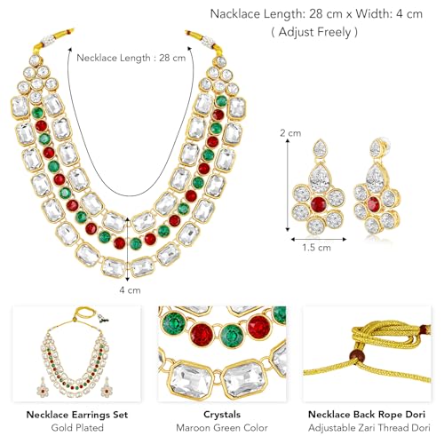 Image of Peora Crystal Studded Gold Plated Layered Long Necklace & Dangle Earring Jewellery Set for Women & Girls