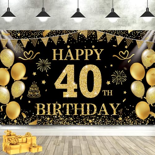 Image of Black Gold 40th Happy Birthday Backdrop Banner Photography Background Decorations for Men Women Forty Years Anniversary Party Accessories Supplies 72.8 * 43.3in