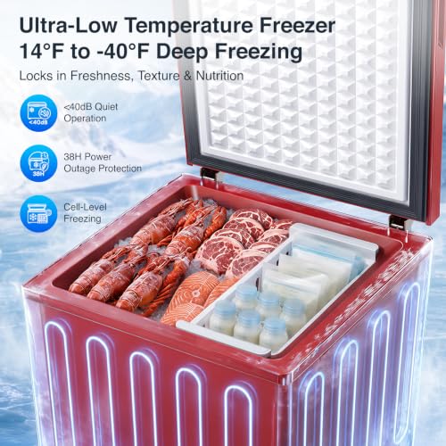 Image of Kismile 3.5 Cu.Ft Compact Chest Freezer, Ultra-Low Temperature Deep Freezer (-40F to 14F), Energy-Efficient, Digital Adjustable Thermostat, Top-Opening Door with 2 Removable Baskets, Red
