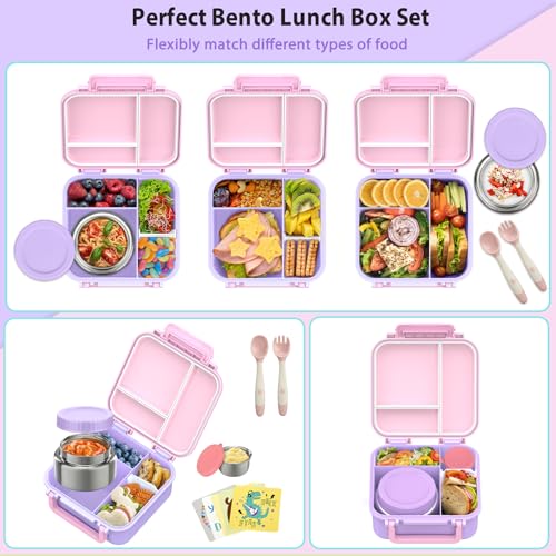 Image of Kids Bento Lunch Box with 9oz Soup Thermo Leakproof Lunch Food Containers 4 Compartment with Insulated Hot Food Jar for Kid Toddler Girls Boys to School Trvael