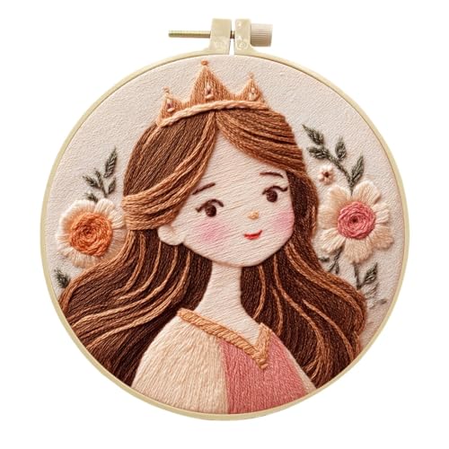 Gofission Kit de bordado para adultos principiantes, linda princesa con flores, juego de tela preimpresa con accesorios para decoración del hogar (princesa 3)