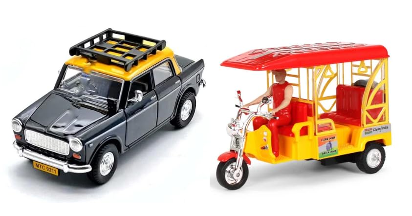 VJMART Mumbai Taxi and Auto E-Rickshaw Toy Set for Kids | Iconic Queen 70 Kaali Peeli | Transport Vehicle Toys