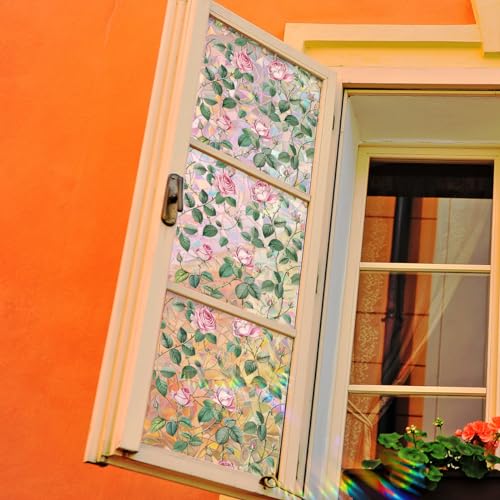 Película decorativa para ventana con flores rosas y adhesivo estático miniatura 6