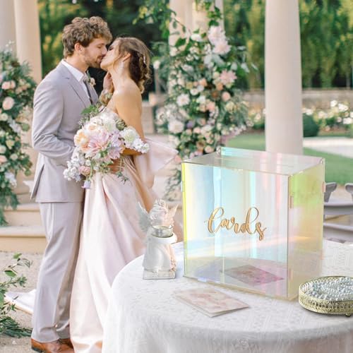 Image of OurWarm Iridescent Acrylic Wedding Card Box with String Light, DIY Gift Card Box for Wedding Reception, Wedding Envelope Money Card Boxes Holder for Party Graduation Baby Shower Birthday Decorations