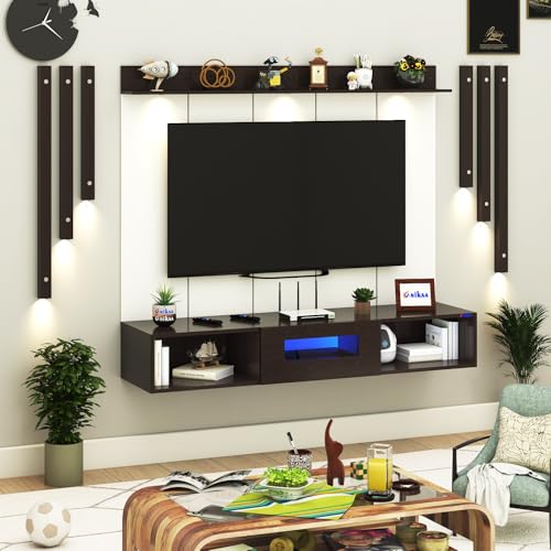 Image of Anikaa NovusPro Engineered Wood Wall Mount TV Unit with PVC Back Panel, Acrylic Blue LED Storage Box, Side Wooden Accent Spot Light Panels I Deal for Up to 50 Inch TV (Wenge - DIY Installation)