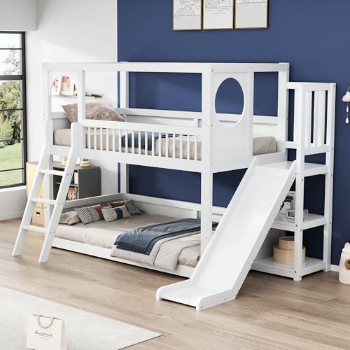 Oxtao Letto a castello per bambini, 90 x 200 cm, letto matrimoniale multifunzionale, con ripiani, con scivolo, senza materasso, colore: bianco