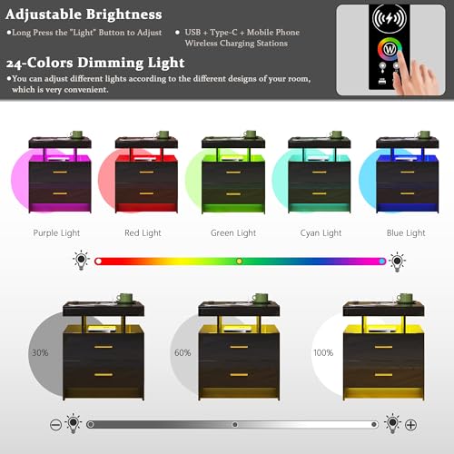 Image of HNEBC Auto LED Nightstands Set of 2,Modern Bedside Table with USB Ports & Wireless Charging Station,High Gloss Bedside Tables with 2 Drawers,Nightstands for Bedrooms /Living Room /Office (Black)