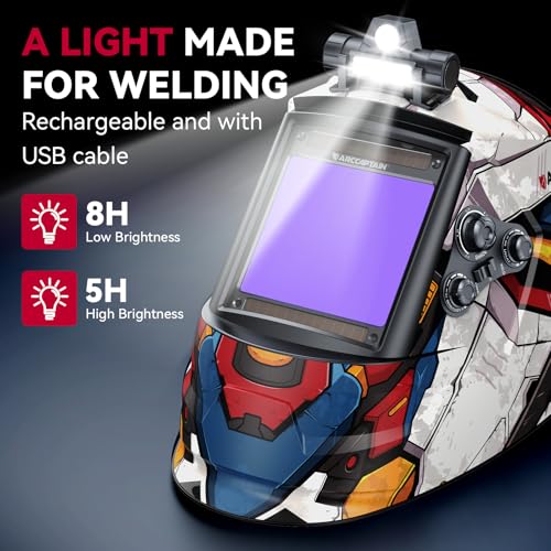 Image of ARCCAPTAIN Large View 3.94 inch x 3.66 inch True Color Auto Darkening Welding Helmet with Light, Solar Powered Welding Hood, 4 Arc Sensor Wide Shade 4 /5-9 /9-13 for Stick MIG TIG Cut,MF