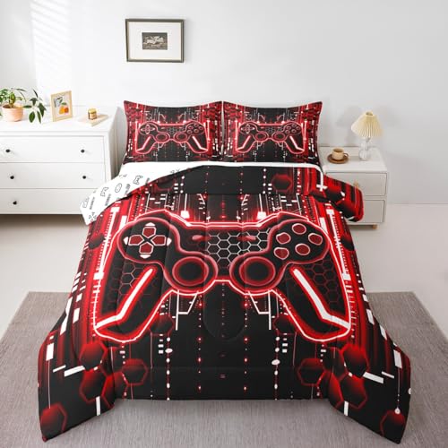 Feelyou Kids Red Black Gamer Bedding Set Twin Size, Gaming Comforter Set Boys Girls Game Room Decor Comforter Gamepad Teens Duvet Set Bedroom Decor with 1 Pillow Case