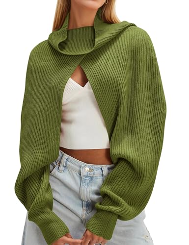 Turtle Neck Bolero Shrugs Sweater for Women Loose Fit Long Sleeve Rib Knit Crop Sweaters Open Front Pullover Shawl