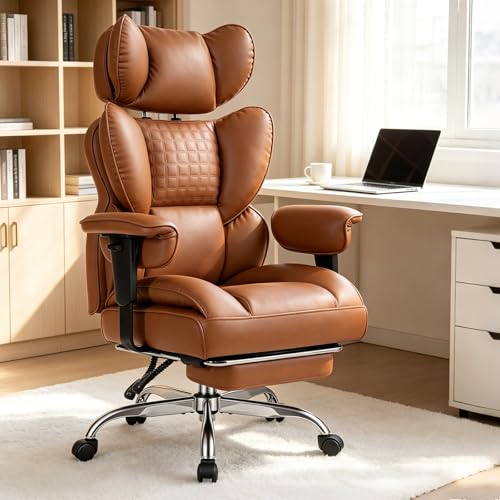 Image of Big and Tall Office Chair 350 LBS, Scratch-Resistant PU Leather Executive Office Desk Chair with Footrest, Ergonomic Reclining Computer Chair with Pocket Spring Support for Home Office, Brown