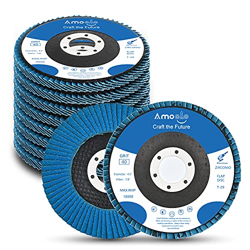 Amoolo 4.5 Inch Flap Discs, 10 PCS-40 Grit Angle Grinder Sanding Wheel, High Density Abrasive Grinding Discs T29 Zirconia for Metal/Wood Grinding (7/8 inch Arbor Size)