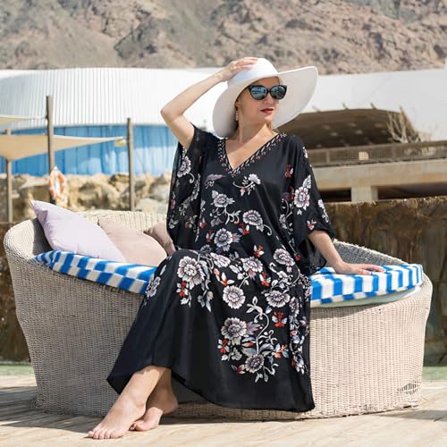 Image of Miss Lavish London Women's Black Floral Kaftan Dress with Pockets, V Neck Maxi Caftan Beach Cover Up, Short Sleeve Resort Wear Dress, Plus Size Swimsuit Coverup, Caftan Maxi Beach Dress-Black-3XL