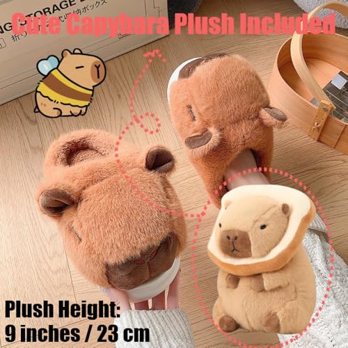 Cute Capybara Slippers with 9" Plush Set, Christmas Gift for Women Girls Capybara Lover, Fuzzy Comfort Wear Slip On House Shoes Soft Warm Cozy Fur Non Slip Chunky Sole Kawaii Animal Winter Shoes2