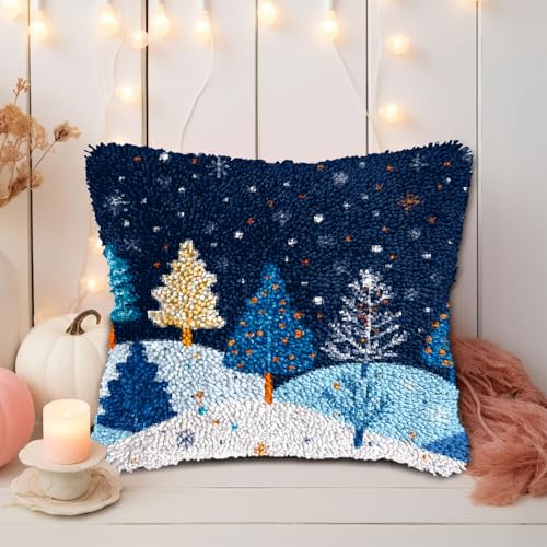Image of DIY Latch Hook Pillow Kits for Adults Merry Christmas Winter Snow Pine Tree Pillow Cover Printed Pillowcase Crochet Yarns Hooking Handmade Cushion for Home Sofa Decoration 17x17inch(5)