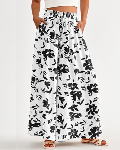 Women Casual High Waist Wide Leg Pants Summer Floral Solid Long Palazzo Pants Lounge Beach Trousers with Pocket2