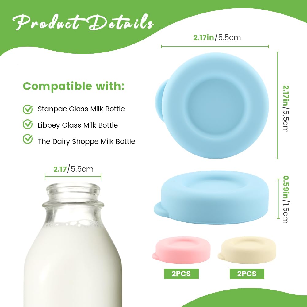 6pcs Silicone Glass Milk Bottle Caps, 48mm Diameter Milk Bottle Lids for Libbey & Stanpac Glass Bottles, Reusable and Airtight, Easy to Clean