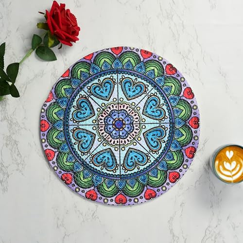 Image of LaVichitra Cotton Table Placemat | Dining Table Mat | Bed Side Table Mat | Cotton Round Shape Placemats | Washable PlaceMat for Shelves & Plant Pots - Pack of 1, Ring of Blue Heart