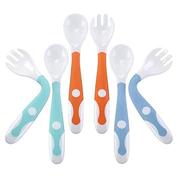 Baby Utensils Spoons Forks 3 Sets, Cute Stone Toddlers Feeding Training Spoon and Fork Tableware Set Easy Grip Heat-Resistant Bendable BPA Free Great Self-Feeding Learning Spoons Forks for Kids