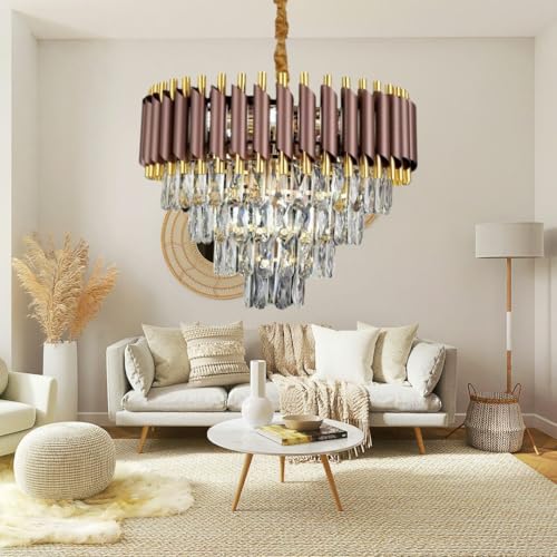 Image of Modern Ceiling Lamp 3-Tier Round Crystal Chandelier for Living Room | Modern Ceiling Light Jhumar for Hall for Home Decoration + 3 Color LED Light (Brown Gold, 500MM)