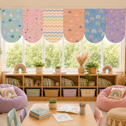 Cinrobiye 6 Pcs Boho Classroom Window Curtains Neutral Bohemian Theme Drapes for Classroom Decor Aesthetic Classroom Curtains for Kindergarten Daycare Preschool Elementary School Decorations