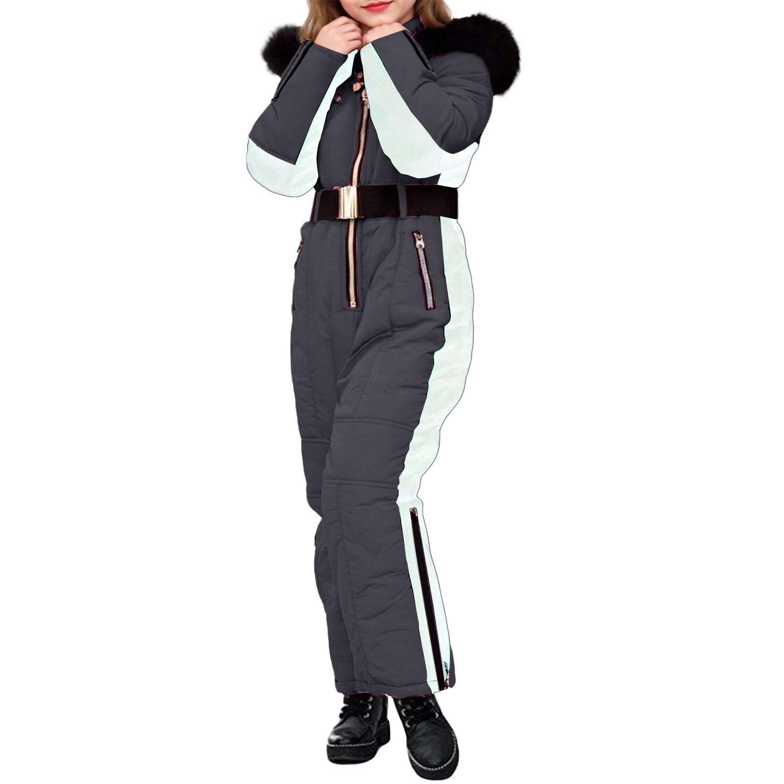Generisch Combinaison de ski pour fille - Coupe-vent - Combinaison d'hiver chaude - Avec ceinture - Combinaison de ski - Pour sports de plein air