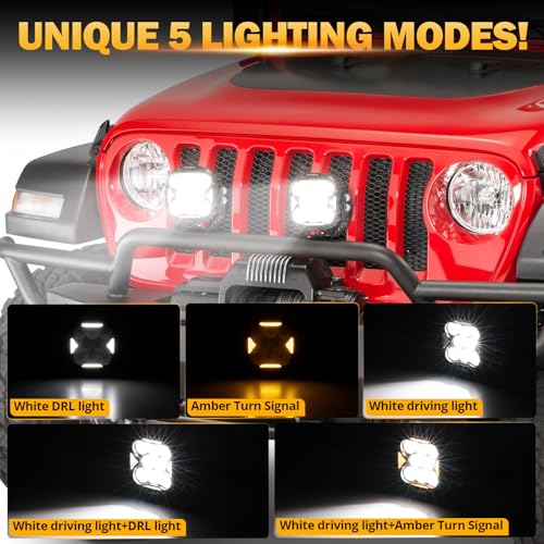 Image of Auxbeam Cube-Z Series 4 inch Led Pods with Amber Covers, 112W 12800LM Flood Offroad Driving Lights with DRL Turn Signal, Cube Ditch Lights with DT Wiring Harness for Jeep Offroad ATV UTV, Pair