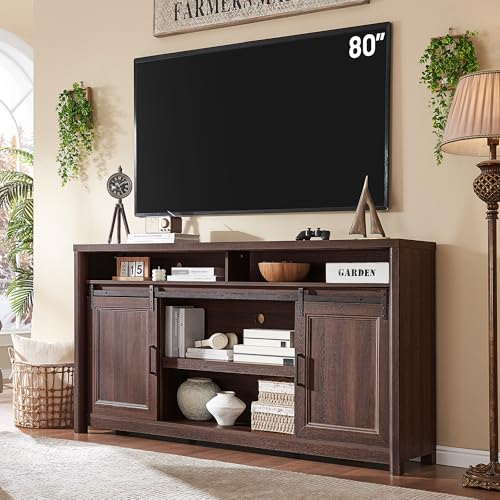 Image of Farmhouse TV Stand for Living Room, Entertainment Center with Storage, Walnut TV Console for Bedroom, Media Storage Cabinet with Sliding Barn Doors & Adjustable Shelves, Fits 80 Inch TV, Rustic Wood