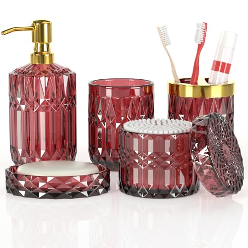 Red Bathroom Accessories Set Glass Soap Dispenser Set with Rust Proof Stainless Steel Pump Soap Holder Toothbrush Holder Tumbler Cotton Swab Jars Wine Red Bathroom Set Bathroom Decor Sets Gift