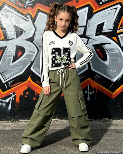 Image of Betusline Girls 2 Piece Summer Outfits,Kids Casual Short Sleeve Crop Top & Cargo Jogger Pants Sets,4T-14Y