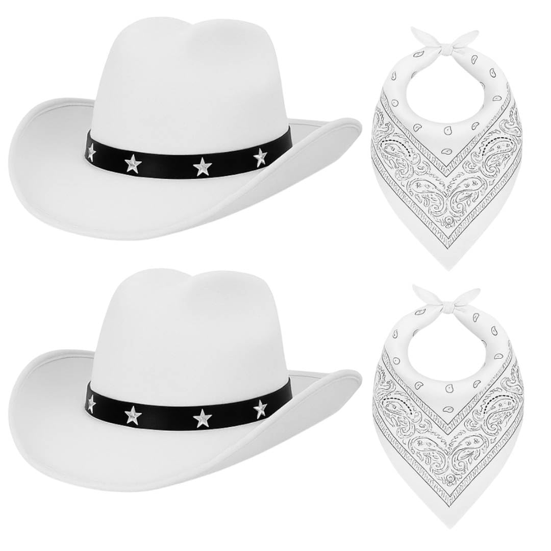 4 Pack Cowboy Dress-Up Set – White Star-Studded Cowboy Hats X2 with 2X White Bandanas – Western Fancy Dress for Hen Parties, Stag Dos, Halloween & Themed Events Cowgirl Outfit