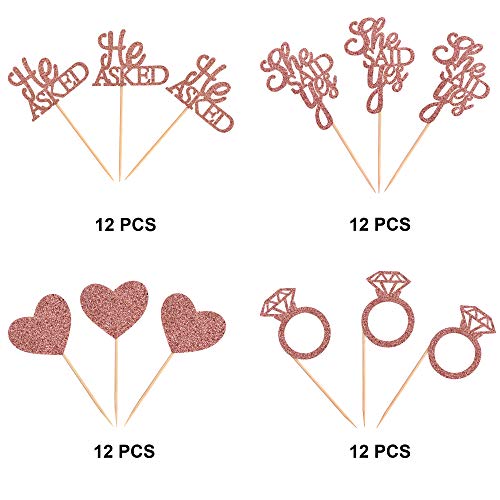 Ercadio 48 Pack He Asked She Said Yes Cupcake Toppers Rose Gold Glitter Heart Ring Cupcake Picks Wedding Engagement Bridal Shower Party Cake Decorations Supplies #TOP3