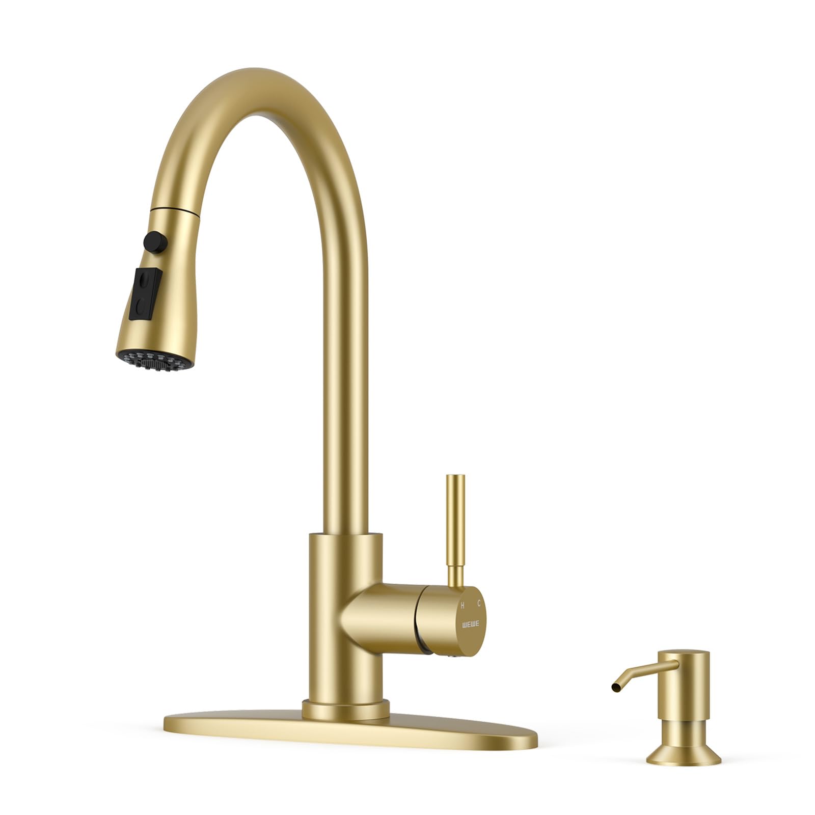 WEWE Kitchen Faucet with Soap Dispenser Set, Pull-Down Sprayer, Gold