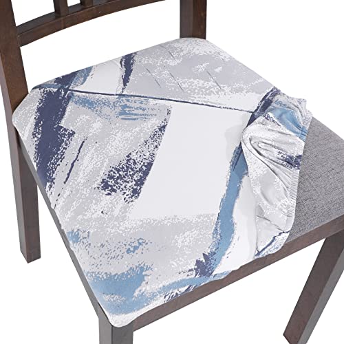 Image of SearchI Seat Covers for Dining Room Chairs Stretch Printed Chair Seat Covers Set of 4, Removable Washable Upholstered Chair Seat Protector Cushion Slipcovers for Kitchen, Office(Blue /White)