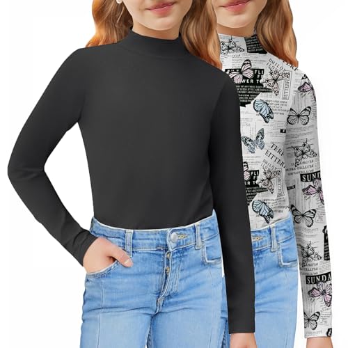 Image of Arshiner Girls 2 Pack Mock Turtleneck Long Sleeve Shirts Slim Fit Layer Top